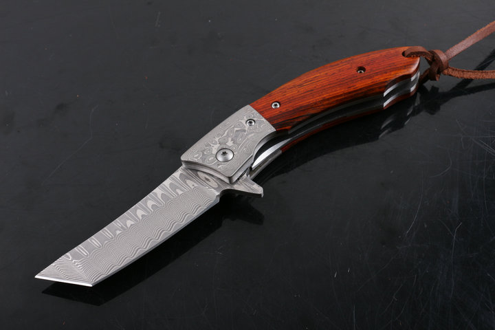 Revenge fighter VG10 Damascus abalone and ebony handle folding knife UD404973